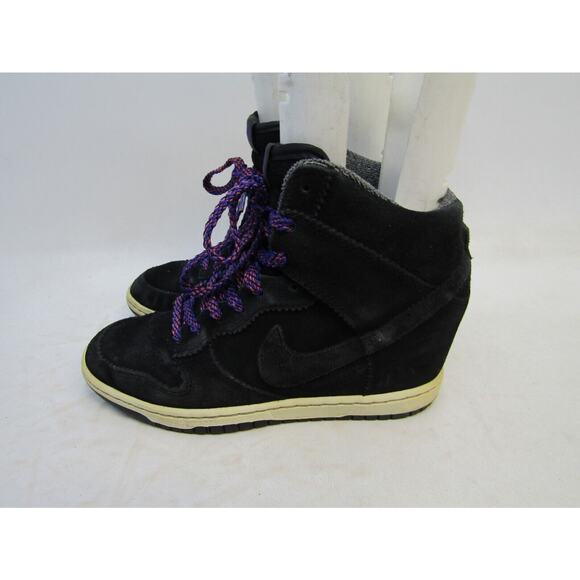 NIKE Sky Hi Dunk Women Sz 7 Black Purple Leather Lace Up Hidden Wedge Sneaker - Picture 1 of 15